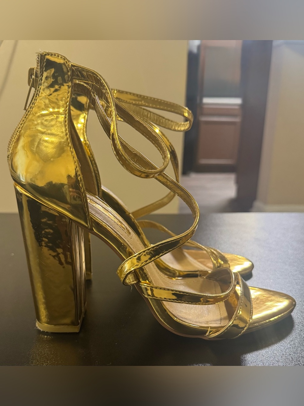 Liliana Gold Metallic Strappy Block Heel Sandals
